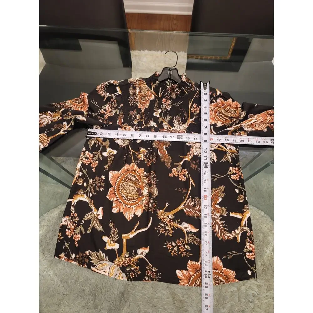 Maison D' Amelie Blouse Women's Small Black Floral Smocked Mock Neck Long Sleeve - Picture 10 of 11